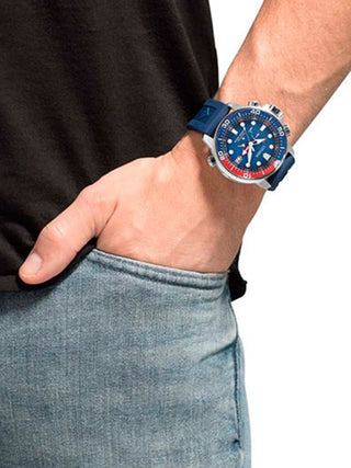Angle shot of Citizen Chronograph BN2038-01L Blue Silicone Unisex Watch on white background