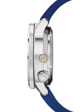 Angle shot of Citizen Chronograph BN2038-01L Blue Silicone Unisex Watch on white background