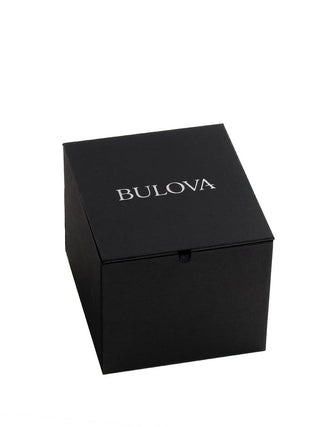 Angle shot of Bulova 97C110 Black Dial Gold Stainless Steel Unisex Watch on white background