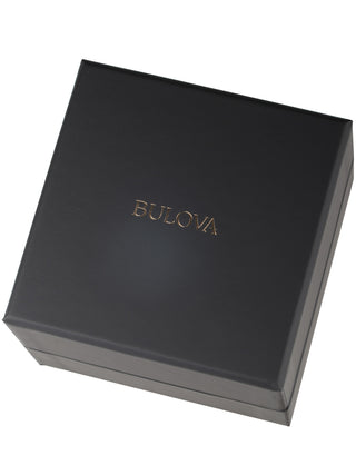 Angle shot of Bulova Octagon Chronograph 96B410 Black Dial Silver Stainless Steel Unisex Watch on white background