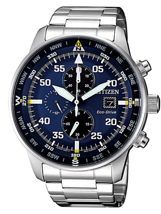 Front view of Citizen Chronograph CA0690-88L Blue Dial Silver Stainless Steel Unisex Watch on white background