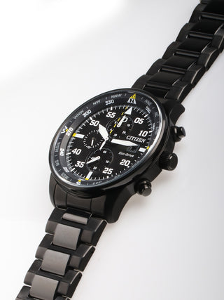Angle shot of Citizen Chronograph CA0695-84E Black Stainless Steel Unisex Watch on white background