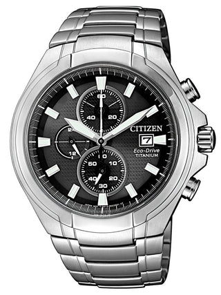 Front view of Citizen Chronograph CA0700-86E Black Dial Silver Titanium Unisex Watch on white background