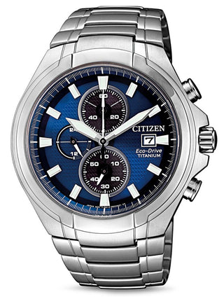 Front view of Citizen Chronograph CA0700-86L Blue Dial Silver Titanium Unisex Watch on white background