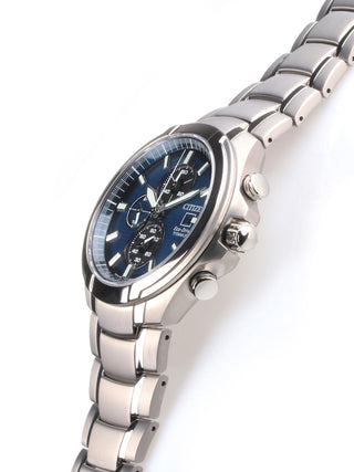 Angle shot of Citizen Chronograph CA0700-86L Blue Dial Silver Titanium Unisex Watch on white background