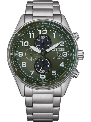 Front view of Citizen Urban Chrono Eco Drive CA0770-72X Green Dial Silver Stainless Steel Unisex Watch on white background