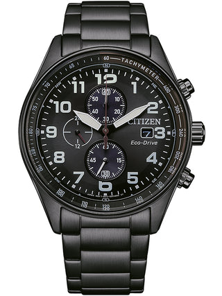 Front view of Citizen Chronograph CA0775-79E Black Stainless Steel Unisex Watch on white background