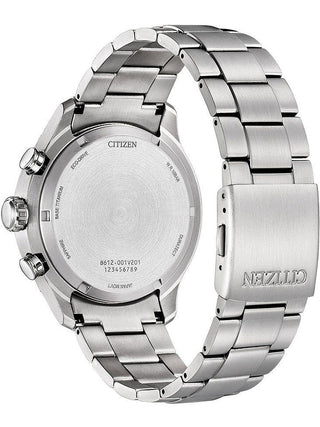 Angle shot of Citizen Eco-Drive Chronograph CA0810-88E Black Dial Grey Stainless Steel Mens Watch on white background