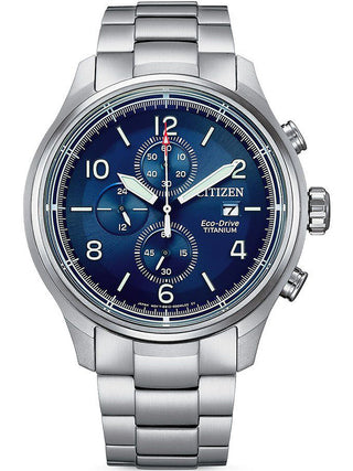 Front view of Citizen Eco-Drive Chronograph CA0810-88L Blue Dial Grey Stainless Steel Mens Watch on white background