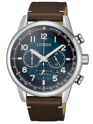 Front view of Citizen Eco-Drive Chronograph CA4420-13L Blue Dial Brown Leather Mens Watch on white background