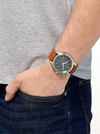 Angle shot of Citizen Chronograph CA4420-21X Green Dial Brown Leather Unisex Watch on white background