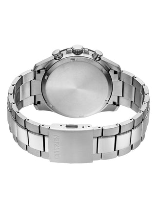 Angle shot of Citizen Chronograph CA4444-82E Black Dial Silver Titanium Unisex Watch on white background