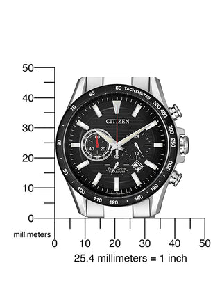 Angle shot of Citizen Chronograph CA4444-82E Black Dial Silver Titanium Unisex Watch on white background