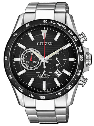 Front view of Citizen Chronograph CA4444-82E Black Dial Silver Titanium Unisex Watch on white background
