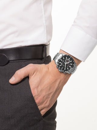 Angle shot of Citizen Chronograph CA4444-82E Black Dial Silver Titanium Unisex Watch on white background