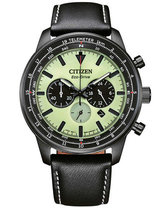 Front view of Citizen Chronograph CA4505-21X Green Dial Black Leather Unisex Watch on white background
