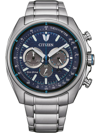 Front view of Citizen Chronograph CA4560-81L Blue Dial Silver Stainless Steel Unisex Watch on white background