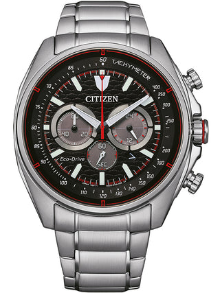 Front view of Citizen Chronograph CA4561-89E Black Dial Silver Stainless Steel Unisex Watch on white background
