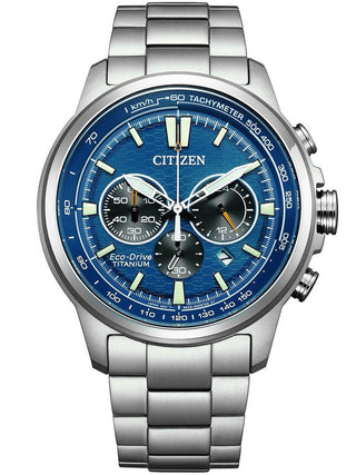 Front view of Citizen Chronograph CA4570-88L Blue Dial Silver Titanium Unisex Watch on white background