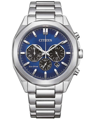 Front view of Citizen Chronograph CA4590-81L Blue Dial Silver Stainless Steel Unisex Watch on white background