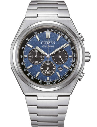 Front view of Citizen Chronograph CA4610-85L Blue Dial Silver Titanium Unisex Watch on white background
