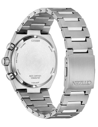 Angle shot of Citizen Chronograph CA4610-85M Silver Titanium Unisex Watch on white background