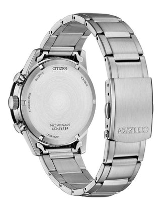 Angle shot of Citizen Chronograph CA4624-56X Green Dial Silver Stainless Steel Unisex Watch on white background