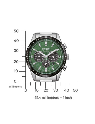 Angle shot of Citizen Chronograph CA4624-56X Green Dial Silver Stainless Steel Unisex Watch on white background