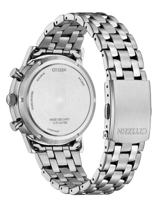 Angle shot of Citizen Chronograph CA4630-53E Black Dial Silver Stainless Steel Unisex Watch on white background