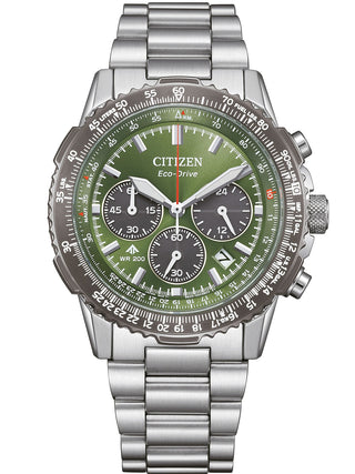 Front view of Citizen Chronograph CA4664-60W Green Dial Silver Stainless Steel Unisex Watch on white background