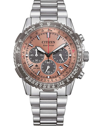 Front view of Citizen Chronograph CA4664-60X Brown Dial Silver Stainless Steel Unisex Watch on white background