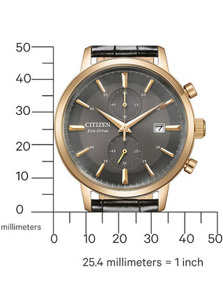 Angle shot of Citizen Chronograph CA7067-11H Brown Leather Unisex Watch on white background