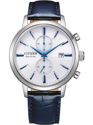 Front view of Citizen Chronograph CA7069-16A White Dial Black Leather Unisex Watch on white background