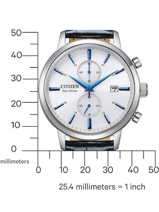 Angle shot of Citizen Chronograph CA7069-16A White Dial Black Leather Unisex Watch on white background
