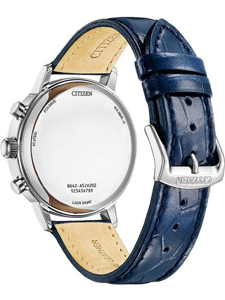 Angle shot of Citizen Chronograph CA7069-16A White Dial Black Leather Unisex Watch on white background