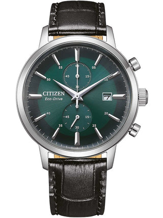 Front view of Citizen Chronograph CA7069-24X Green Dial Black Leather Unisex Watch on white background
