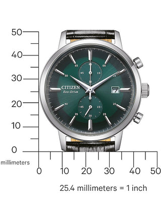 Angle shot of Citizen Chronograph CA7069-24X Green Dial Black Leather Unisex Watch on white background