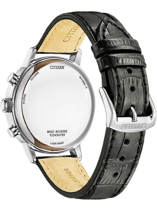 Angle shot of Citizen Chronograph CA7069-24X Green Dial Black Leather Unisex Watch on white background