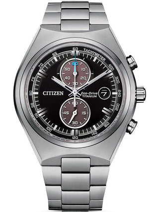 Front view of Citizen Super Titanio Eco Drive Chronograph CA7090-87E Black Dial Silver Titanium Unisex Watch on white background