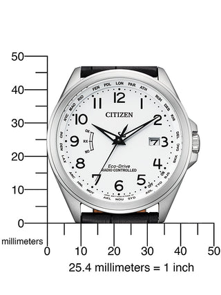Angle shot of Citizen CB0250-17A White Dial Black Leather Unisex Watch on white background