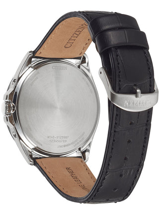 Angle shot of Citizen CB0250-17A White Dial Black Leather Unisex Watch on white background