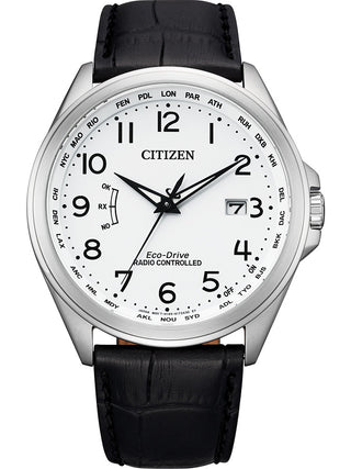 Front view of Citizen CB0250-17A White Dial Black Leather Unisex Watch on white background
