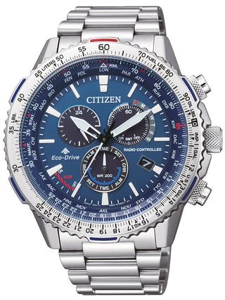 Front view of Citizen Chronograph CB5000-50L Blue Dial Silver Stainless Steel Unisex Watch on white background