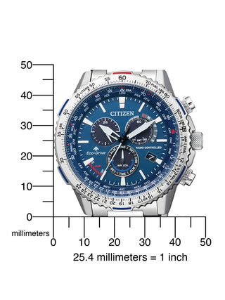 Angle shot of Citizen Chronograph CB5000-50L Blue Dial Silver Stainless Steel Unisex Watch on white background