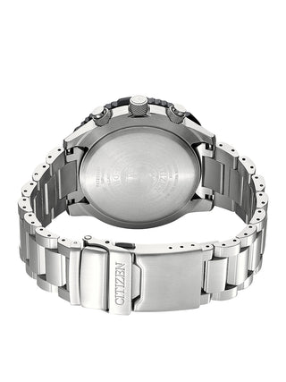 Angle shot of Citizen Chronograph CB5001-57E Black Dial Silver Stainless Steel Unisex Watch on white background