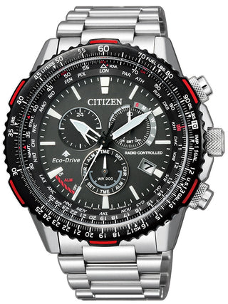 Front view of Citizen Chronograph CB5001-57E Black Dial Silver Stainless Steel Unisex Watch on white background