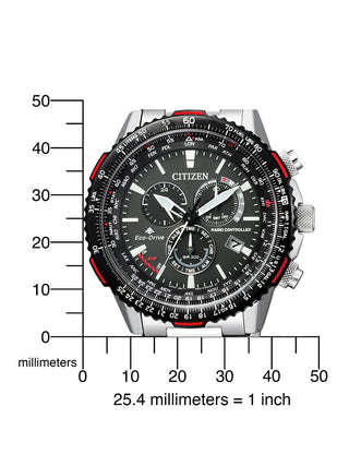 Angle shot of Citizen Chronograph CB5001-57E Black Dial Silver Stainless Steel Unisex Watch on white background