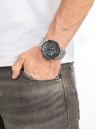 Angle shot of Citizen Chronograph CB5001-57E Black Dial Silver Stainless Steel Unisex Watch on white background