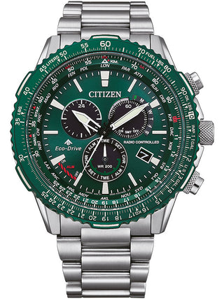 Front view of Citizen Chronograph CB5004-59W Green Dial Silver Stainless Steel Unisex Watch on white background