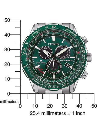 Angle shot of Citizen Chronograph CB5004-59W Green Dial Silver Stainless Steel Unisex Watch on white background